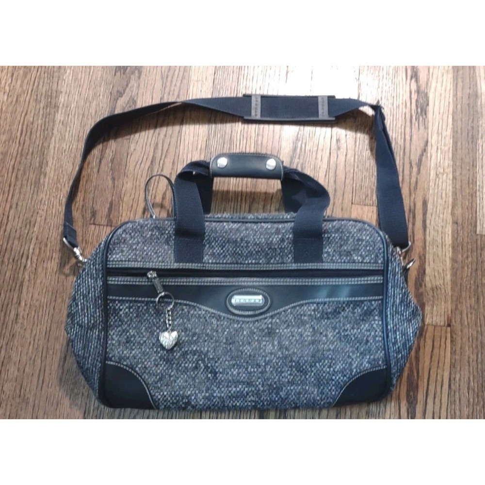 Vintage Jaguar Tweed Travel Bag Gray Black Duffel Carry-On Luggage Heart Charm